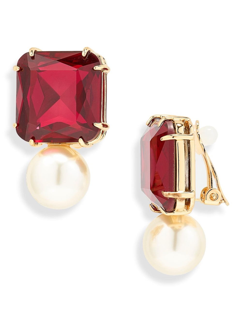 Carolina Herrera Gold-Tone Red Crystal and Pearl Drop Clip-On Earrings